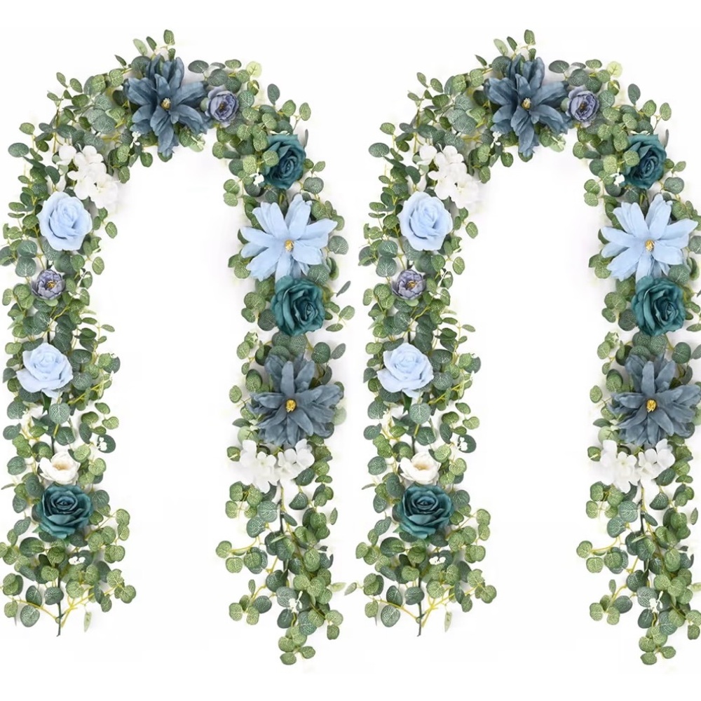 Two thick Floral Garlands with different shades of Blue and off-white Flowers
